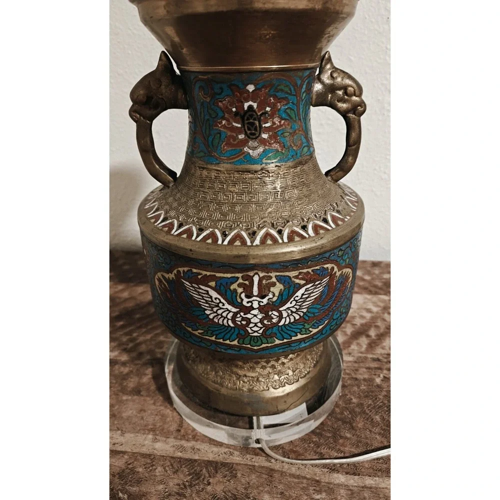 Vintage Japanese Champleve Bronze Enamel Cloisonne Table Lamp Works!